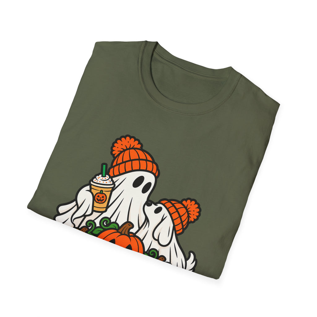 Halloween Pumpkin Ghosts T-Shirt — Cute Cozy Ghosts with Pumpkin Spice Latte