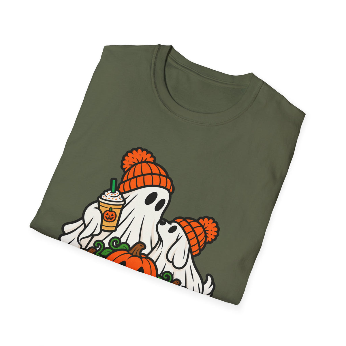 Halloween Pumpkin Ghosts T-Shirt — Cute Cozy Ghosts with Pumpkin Spice Latte
