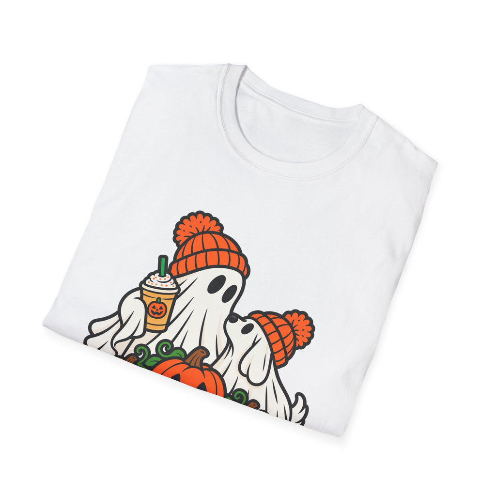 Halloween Pumpkin Ghosts T-Shirt — Cute Cozy Ghosts with Pumpkin Spice Latte