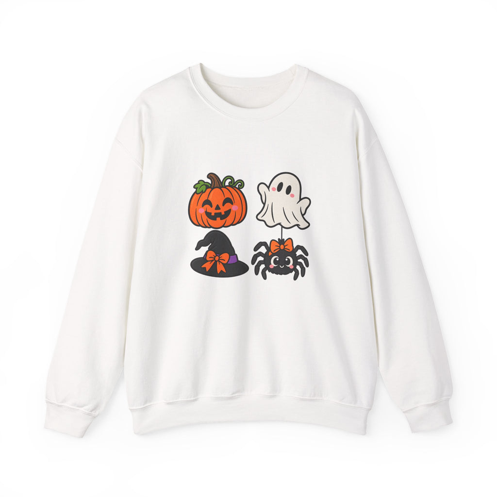 Halloween Icons Crewneck Sweatshirt — Cute Pumpkin Ghost Witch Hat Spider Graphic