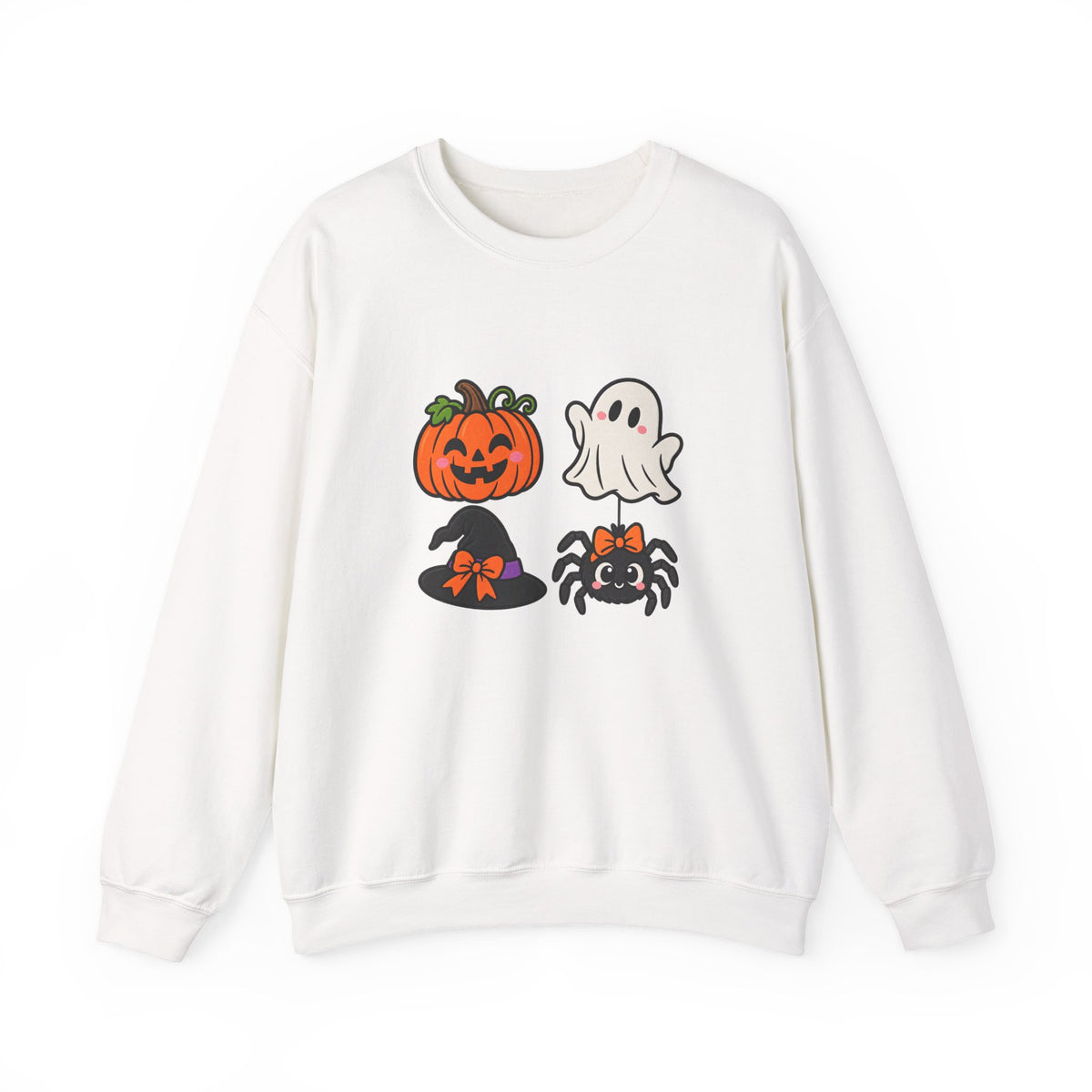 Halloween Icons Crewneck Sweatshirt — Cute Pumpkin Ghost Witch Hat Spider Graphic