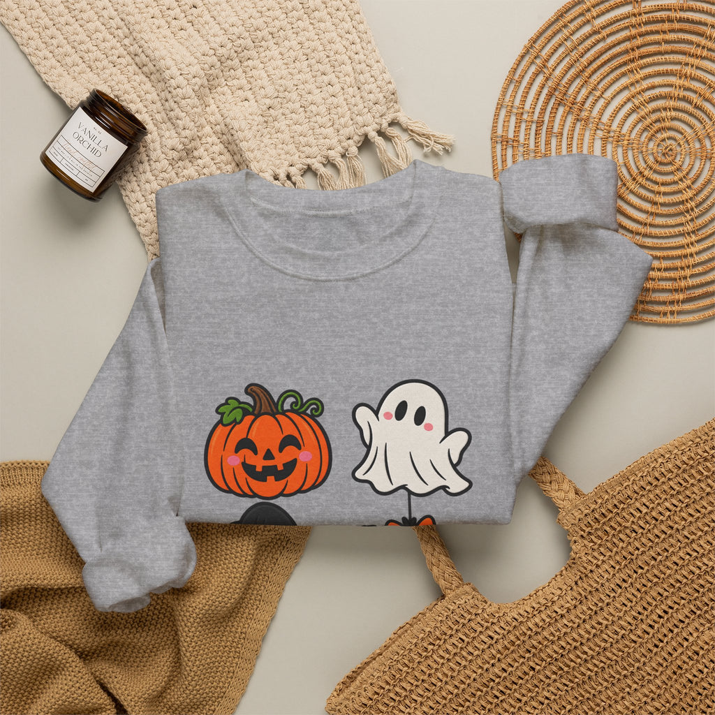 Halloween Icons Crewneck Sweatshirt — Cute Pumpkin Ghost Witch Hat Spider Graphic