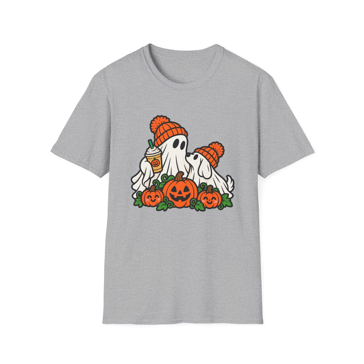 Halloween Pumpkin Ghosts T-Shirt — Cute Cozy Ghosts with Pumpkin Spice Latte