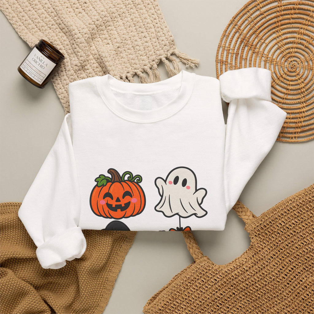 Halloween Icons Crewneck Sweatshirt — Cute Pumpkin Ghost Witch Hat Spider Graphic