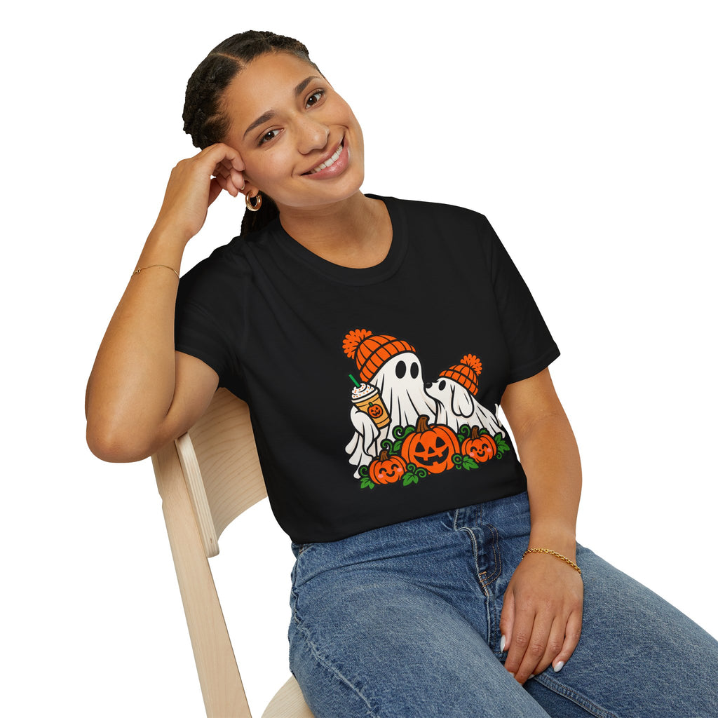 Halloween Pumpkin Ghosts T-Shirt — Cute Cozy Ghosts with Pumpkin Spice Latte
