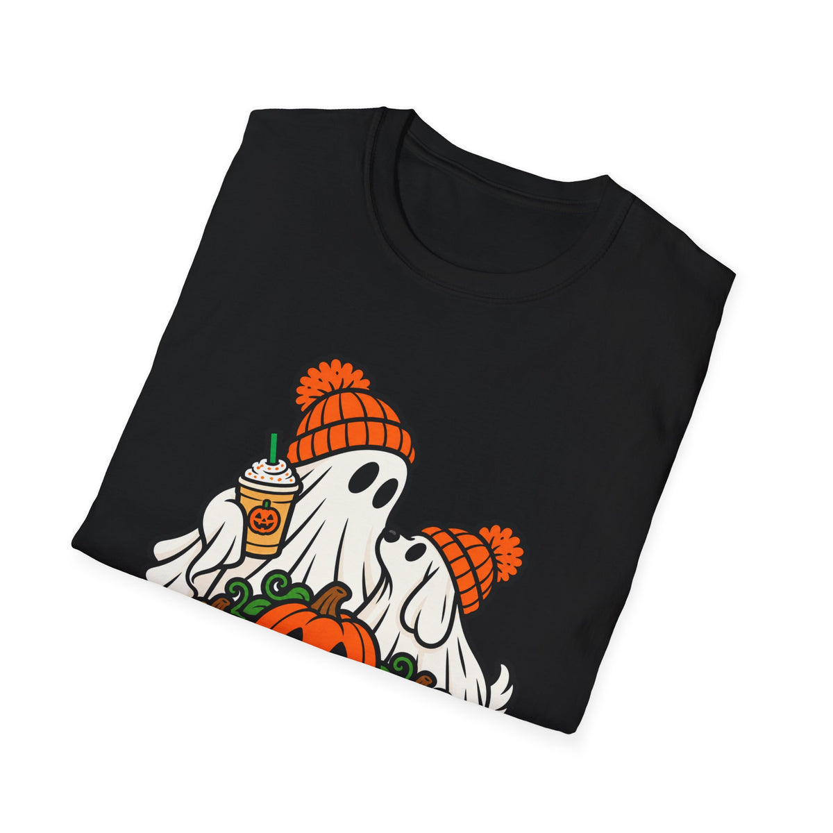 Halloween Pumpkin Ghosts T-Shirt — Cute Cozy Ghosts with Pumpkin Spice Latte